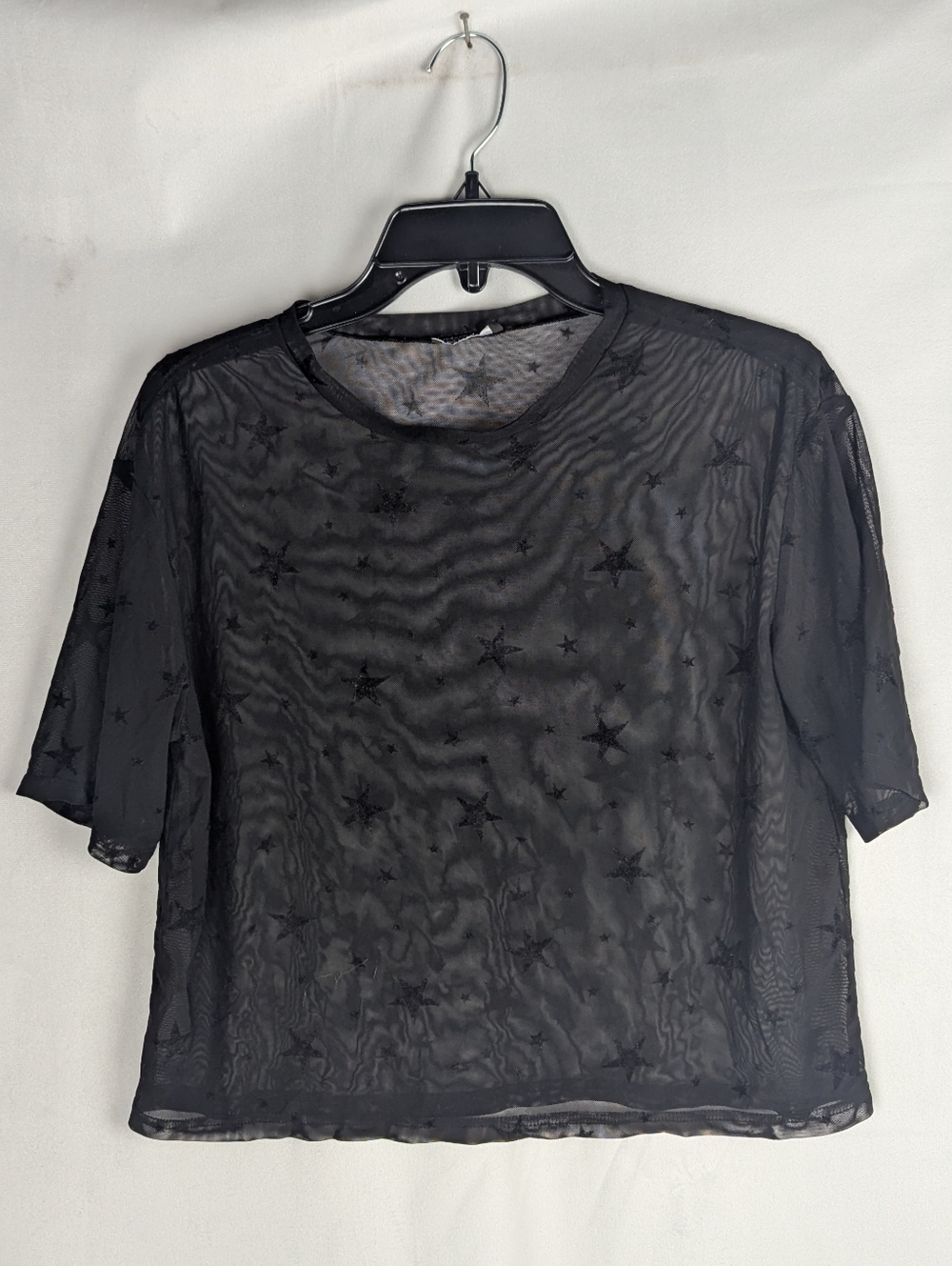 Women's Black Sheer Star-Print Short Sleeve Tee